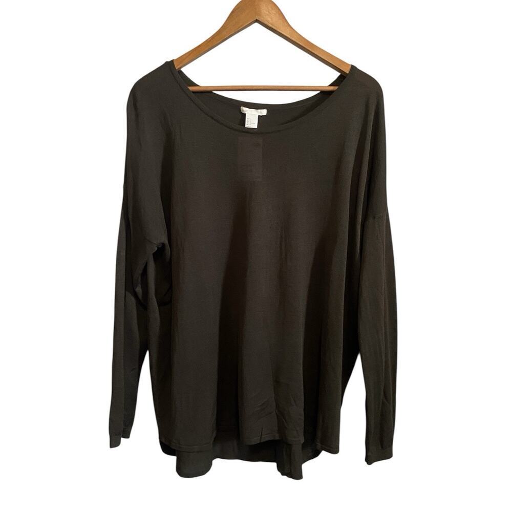 H&M Dark Green Long Sleeve Top Large Lightweight Relaxed Pullover Basic Fit NWT